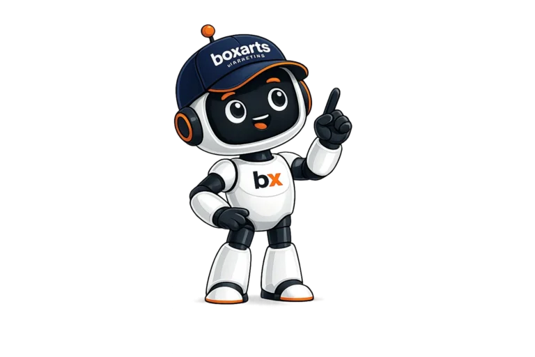 Bots avec casquette du logo Le box arts marketing pointe la gamme des services du box arts
