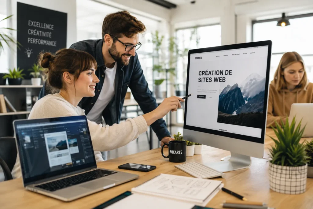 Deux jeunes adultes d'affaires satisfaits observant à l'écran la refonte de leur site Web réalisée par Le Box Arts