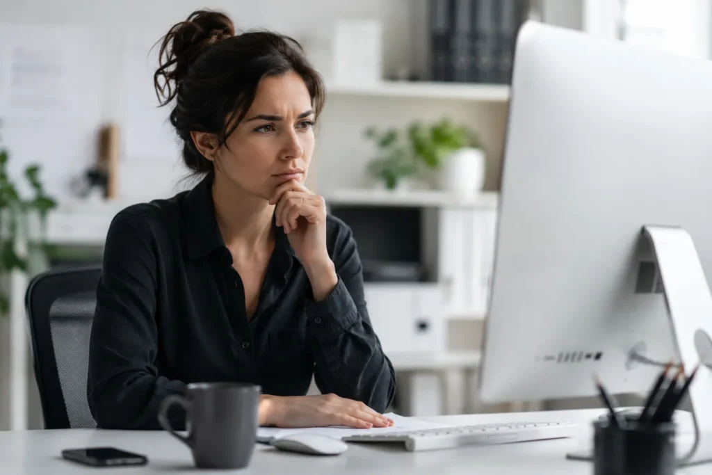 Une femme se questionne sur la visibilité numérique de son Site Web et de ses plateformes devant son ordinateur