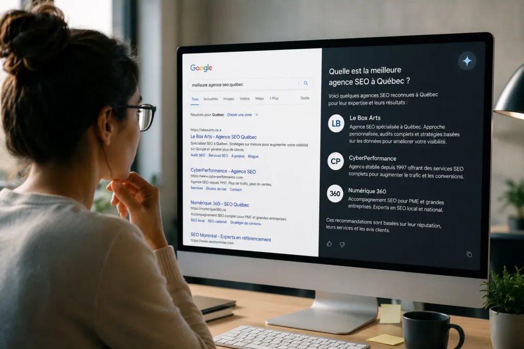 Femme inspecte les moteurs de recherche. box arts est au premier rang Google grâce au SEO et GEO
