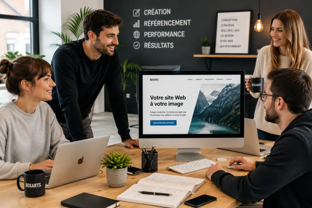 Spécialistes en création de site Web représentent lagence le box arts Marketing avec les services performances, référencement et création de site Web sur le mur du fond
