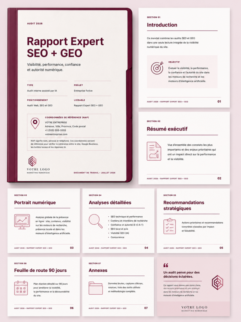Exemple d'un livret expert - mes d'audit SEO et GEO réalisé par Le Box Arts pour une entreprise, accompagné de quelques pages illustrant les principales sections du rapport.
