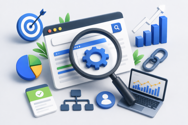 Infographie 3D d’optimisation SEO avec loupe et moteurs de recherche